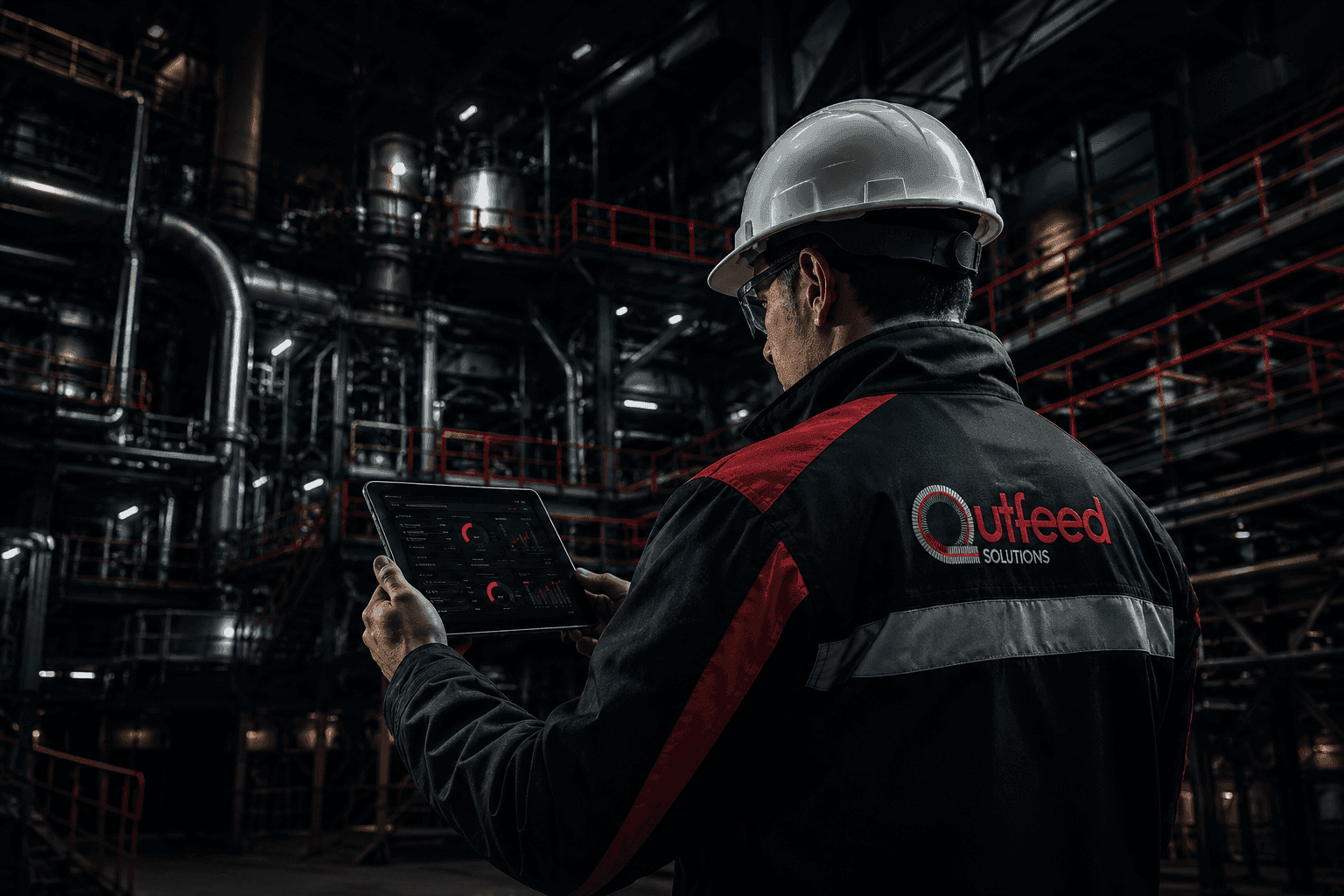 Ingeniero de Outfeed Solutions monitoreando una planta industrial desde una tablet
